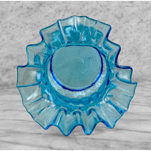 Vintage Peacock Blue Ruffled Art Glass 8" Vase For Sale - Image 6 of 8