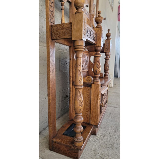 Antique Hall Tree Carved Oak Victorian Gothic Revival Ca. 1895-1915 For Sale - Image 18 of 18