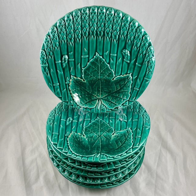 A French faïence Asparagus plate with a leaf shaped dipping well for sauce, from Saint Amand et Hamage, circa 1930s....