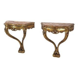 Venetian Rococo Console Nightstands with Rosso Verona Marble, 1930s, Set of 2 For Sale
