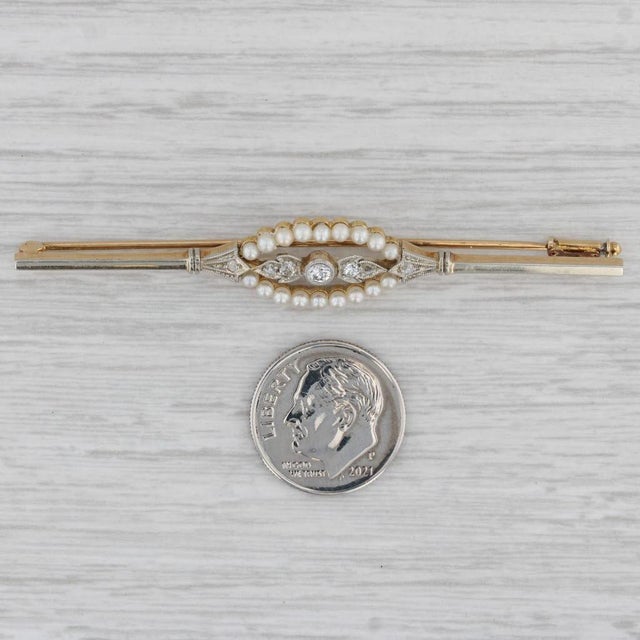 1930s Vintage Pearl Diamond Bar Pin 14k Yellow Gold Brooch For Sale - Image 5 of 5