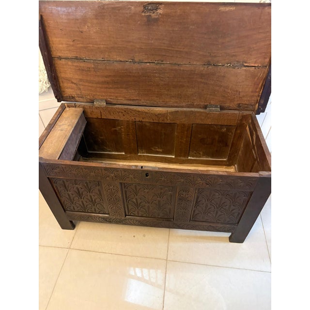 Brown Antique Carved Oak Chest with Original Candle Box, 1680 For Sale - Image 8 of 12