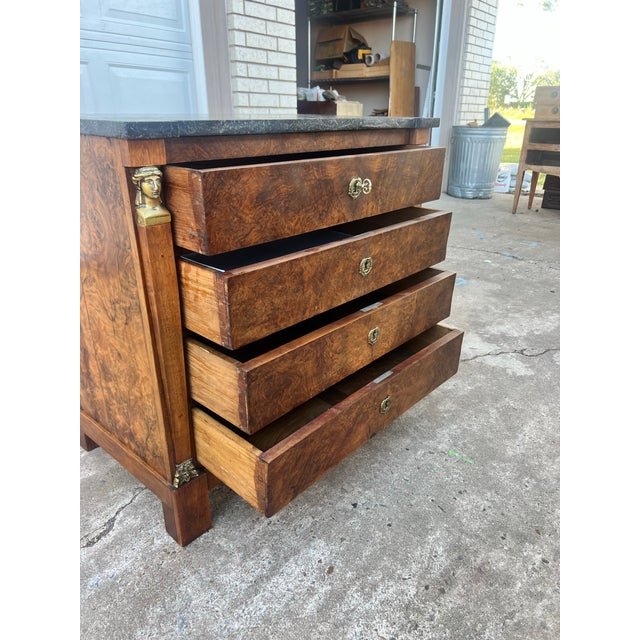 Bronze French 19th Century Empire Marble Top Burl Walnut Commode For Sale - Image 8 of 12