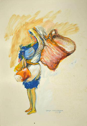 Sergio Barletta, Woman with Baskets, Mixed Media, 1995