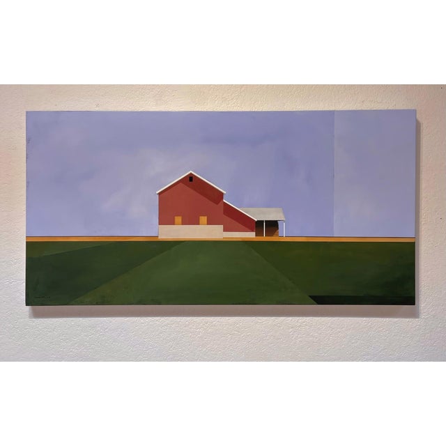 "Wide Open Sky" is an acrylic on canvas landscape painting by Justin Wheatley, completed in 2026. A red barn with a long...