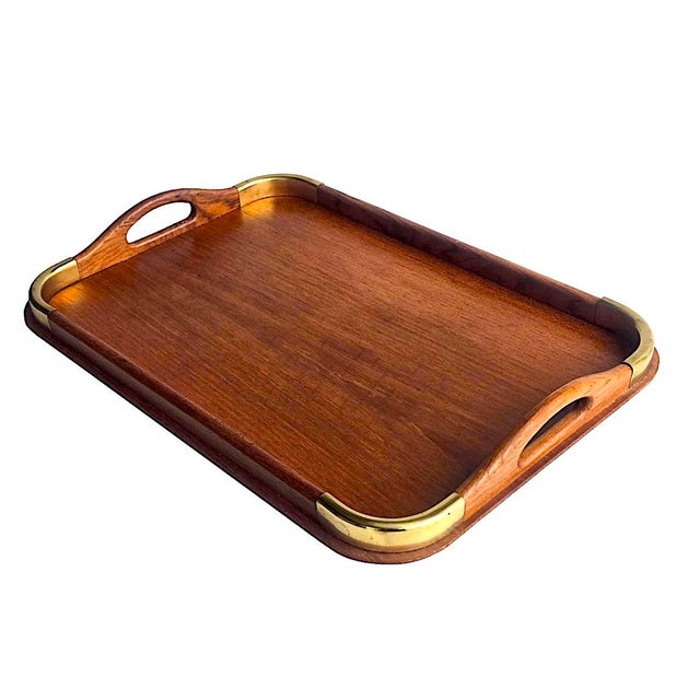 Vintage Mid 20th Century Brass Corner Teak Tray For Sale In Miami - Image 6 of 14