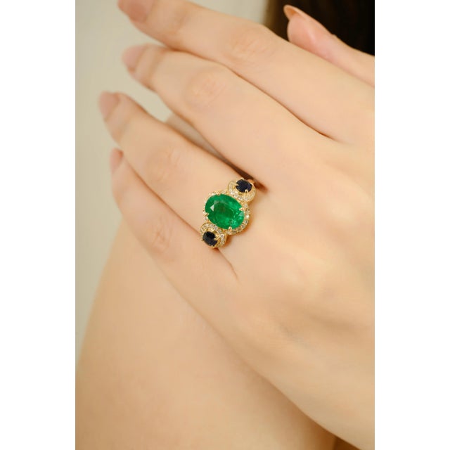 Contemporary 14k Emerald Sapphire & Diamond Gold Wedding Ring Size 6.5 For Sale - Image 9 of 14