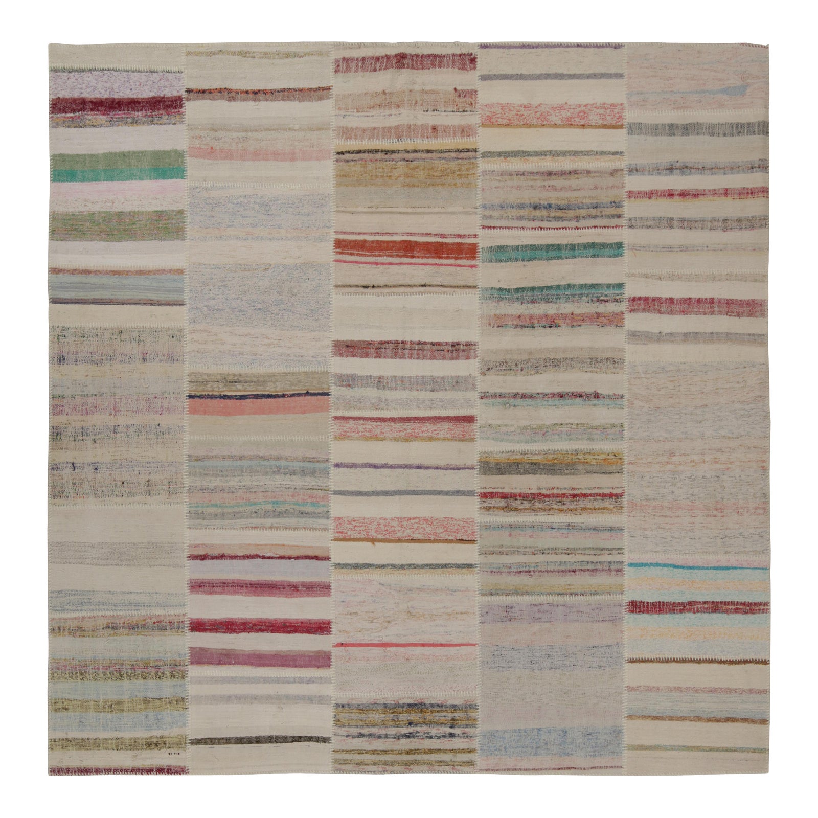 Rug & Kilim’s Patchwork Kilim Square Rug in Polychromatic Stripes