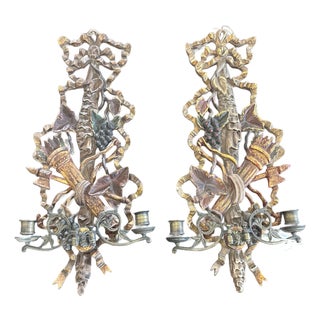 Pair of Italian Mid 20th C Sconces W Bronze Bobeches For Sale