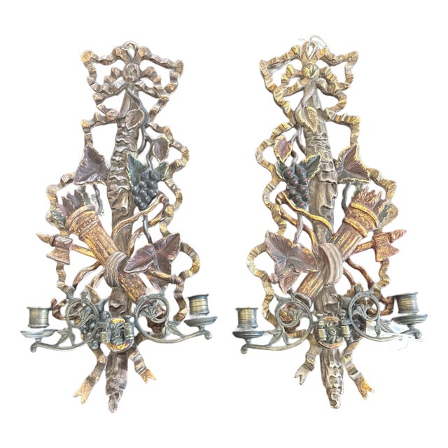 Pair of Italian Mid 20th C Sconces W Bronze Bobeches For Sale