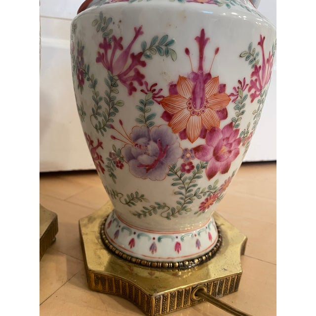 Vintage Chinese Export-Style Famille Rose Porcelain Vase Mounted Table Lamps - a Pair For Sale - Image 12 of 12