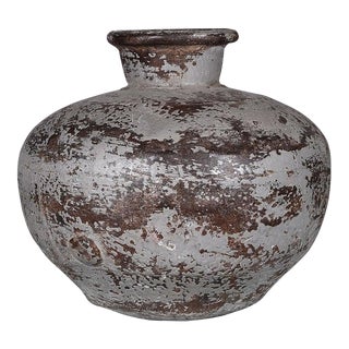 1980s 12” Round Rustic Distressed Water Vessel Vase For Sale