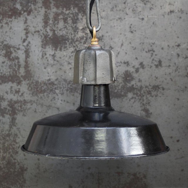 Rare french factory pendant by gal, france black enamel and cast iron e27 / e26. Depending on destination, all lights are...