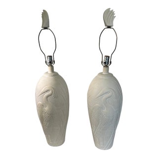 Pair of 1980s Dayle Rushall Matte Ceramic Lamps With Heron Detail For Sale