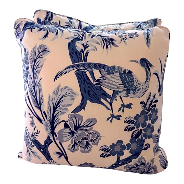 Pair of Blue Chinoiserie Bird & Floral Pillows For Sale