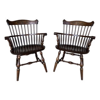 Hitchcock New London Model Oak Paint Decorated Arm Chairs - A Pair For Sale