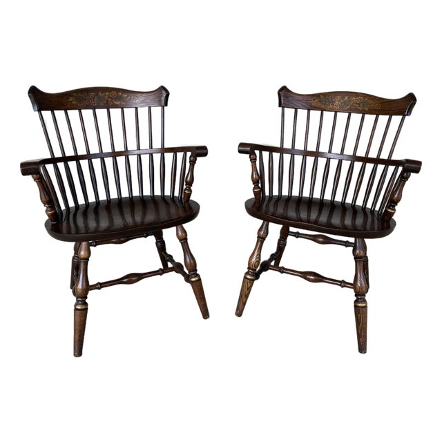 Hitchcock New London Model Oak Paint Decorated Arm Chairs - A Pair For Sale