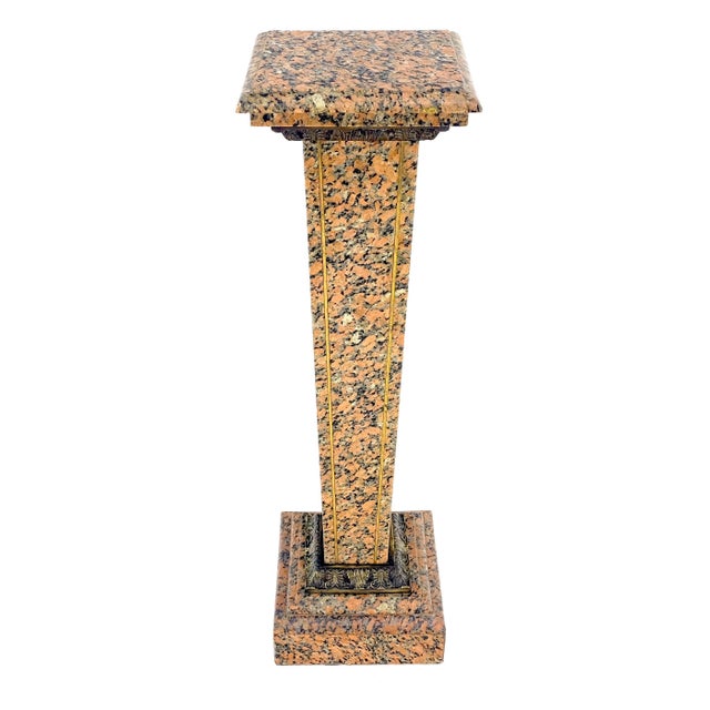 Tall Antique c1920s Brass Mount Inlayed Granite 12” Square Pedestal Stand MINT For Sale - Image 6 of 11