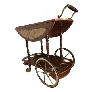 Mid 20th Century Italian Inlaid Wood Bar Cart With Brass Wheels & Drop-Leaf Top For Sale