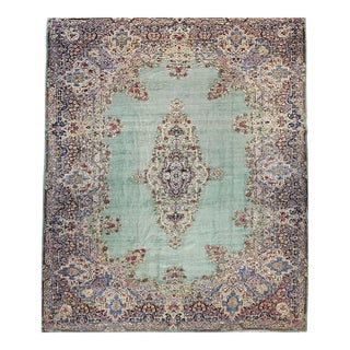 Vintage Oversize Kerman Rug, Handwoven Floral Pattern, Pale Green & Red, 12’ X 16’ For Sale