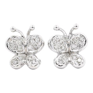 14K Solid White Gold Natural Diamond Cluster Butterfly Stud Earring For Sale