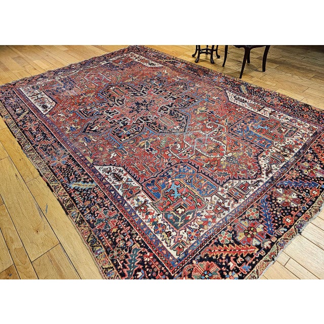 Antique Persian Heriz Karajah Rug, Hand-Knotted Wool, Geometric Medallion Pattern, Brick-Red & Navy, 9x12 For Sale - Image 9 of 17