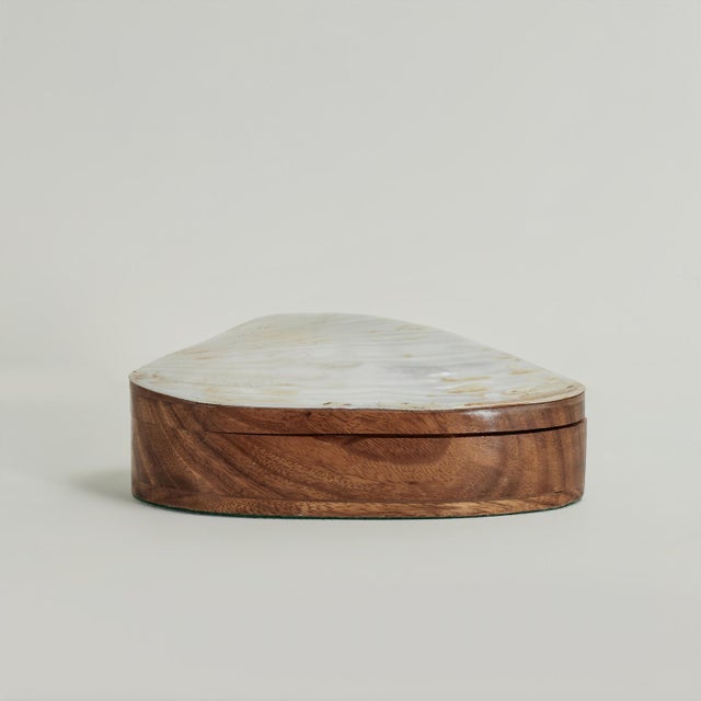 Chic mid century lidded box with a large seashell on top over an organic form container that matches the shape of the shell.