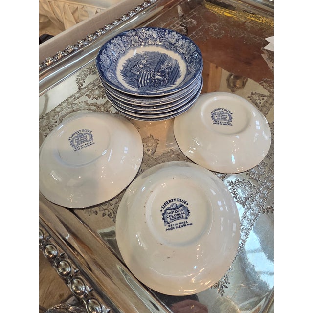 1940s Staffordshire Blue and White Small Bowls Liberty Blue Betsy Ross Pattern - Set of 10 For Sale - Image 4 of 5
