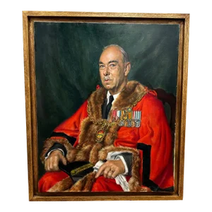 British Portrait Oil Painting Historic Mayor Maidstone Kent Red Coat Robes Wearing Medals by Bernard