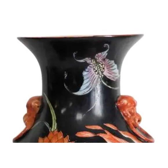 Ceramic Vintage Mid-Century Chinese Famille Noire Baluster Vase Hand Painted Lotus and Koi Fish 14 Inch For Sale - Image 7 of 13