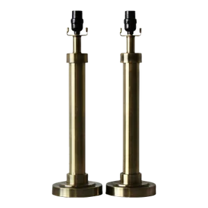 Vintage Modern Brushed Antique Brass Finish Column Table Lamps-A Pair