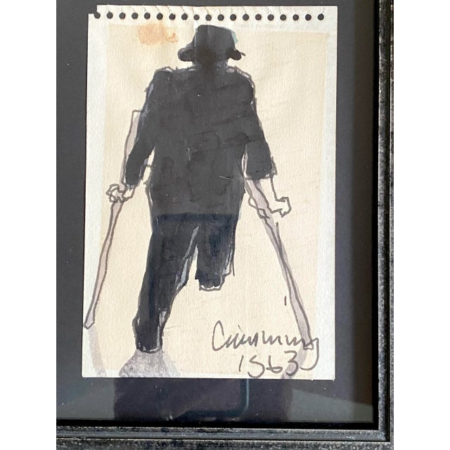 Mid-Century Modern Original Ink on Paper Drawing of a Man on Crutches by William Cumming 1963 For Sale - Image 3 of 6