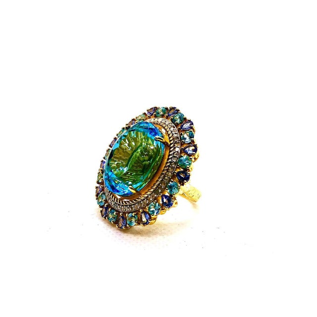 Bochic “Capri” Vintage Blue Topaz, Tanzanite & Diamond Ring Set In 18K Gold & Silver For Sale - Image 10 of 11