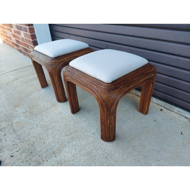 1970s Pair of Mid Century Modern Pencil Reed Rattan Stools For Sale - Image 4 of 12