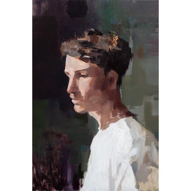 "Brother" is an oil on panel painting by Jon Doran, completed in 2026. A small portrait of a young man in profile, facing...