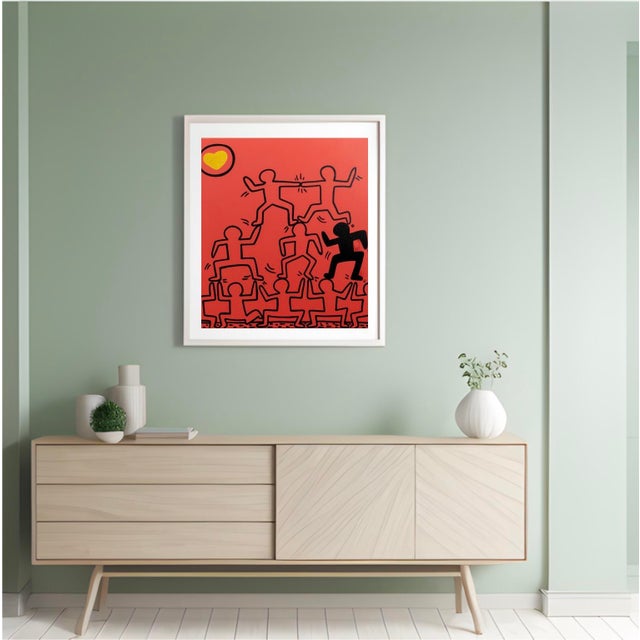 1990s Abstract Keith Haring Style Acrylic on Canvas Red Painting A beautiful and playful original painting, it is clearly...