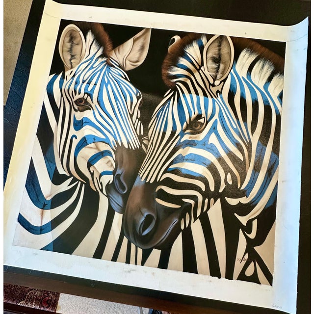 Contemporary Contemporary Zebra Original Painting in Blue and Black – By P Charles, 36 X 36", Unstretched For Sale - Image 3 of 6