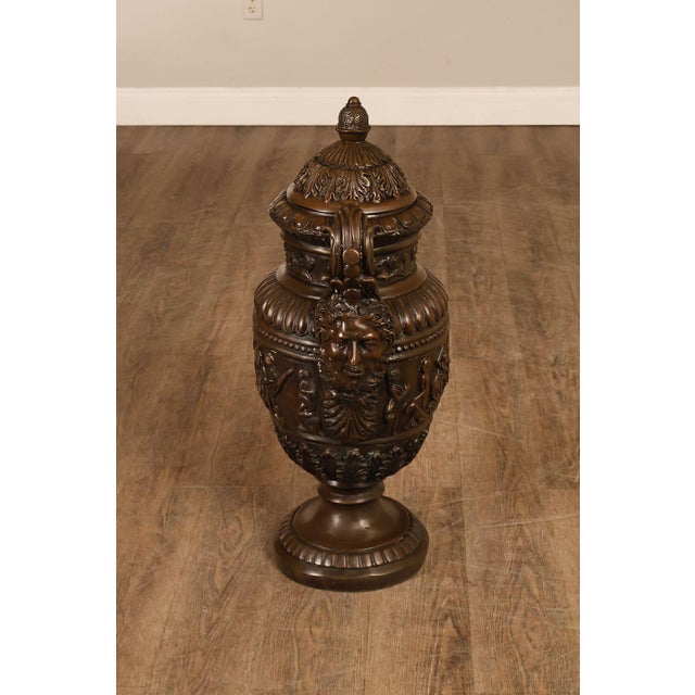 Neoclassical Style Large Pair Of Cast Bronze Covered Urns With Figural Relief For Sale - Image 16 of 18