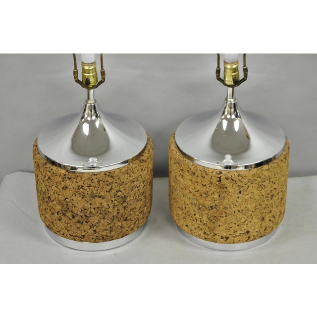 Vintage Mid Century Modern Chrome & Cork Round Sculpted Table Lamps - A Pair For Sale - Image 11 of 12