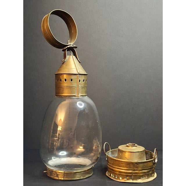 Antique 1840s Brass Whale Oil Lantern Fixed Globe Pear Shape Glass For Sale - Image 9 of 14