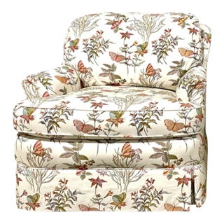 Century Furniture Upholstered Butterfly-Botanical Skirted Vintage Club Chair For Sale