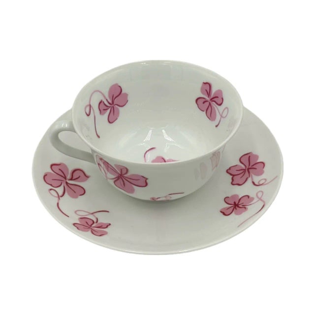 Mid 20th Century Vintage D. Porthault Limoges Porcelain Pink Tréfles Clover Tea Cup & Saucer Set For Sale - Image 5 of 12