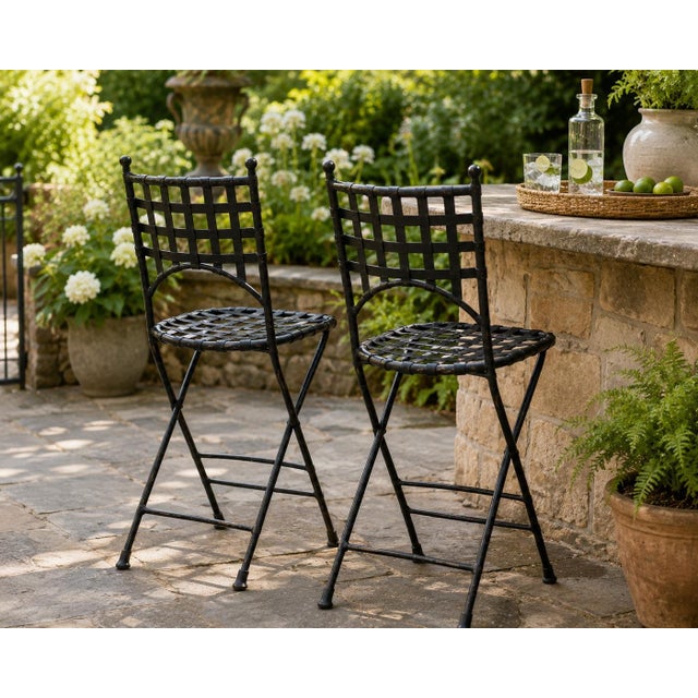 Hollywood Regency Vintage Folding Metal Bar Stools Pair Black Woven Lattice Basket Weave Indoor/Outdoor Hollywood Regency For Sale - Image 3 of 9