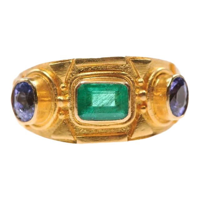 Etruscan Style Ring w/Emerald & Sapphires Size 7.5 For Sale