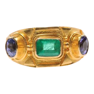 Etruscan Style Ring w/Emerald & Sapphires Size 7.5