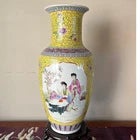 This is a stunning 18-inch Chinese Famille Jaune porcelain vase, featuring a vibrant imperial yellow ground decorated with...