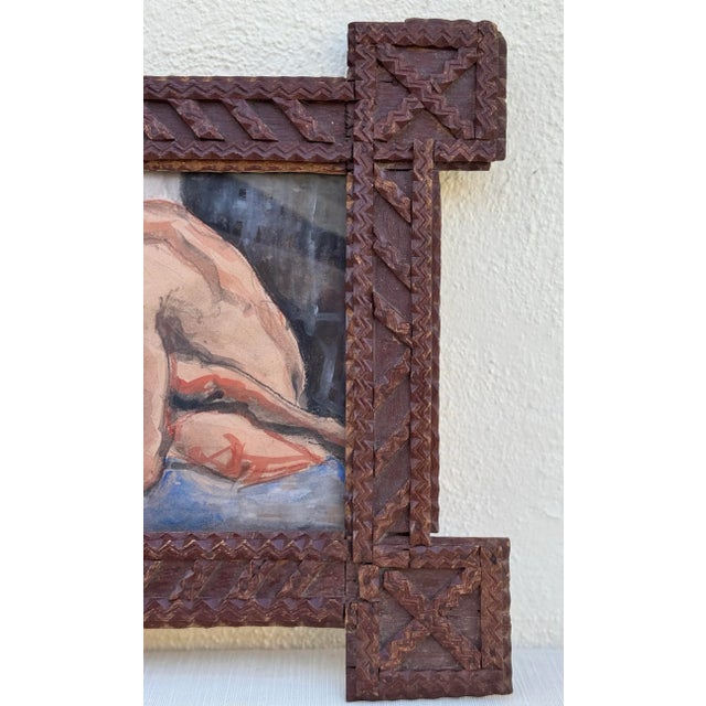 2020s Newly Created Artwork by Erica Everage With Antique Wood Tramp Art Frame With Modern Erica Everage Art Drawing-Abstracted Figurative Conte on Paper For Sale - Image 5 of 12