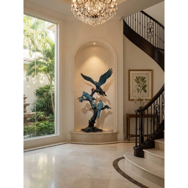 1980s Monumental Verdigris Bronze Parrots Sculpture on Tree Trunk Base For Sale - Image 11 of 12