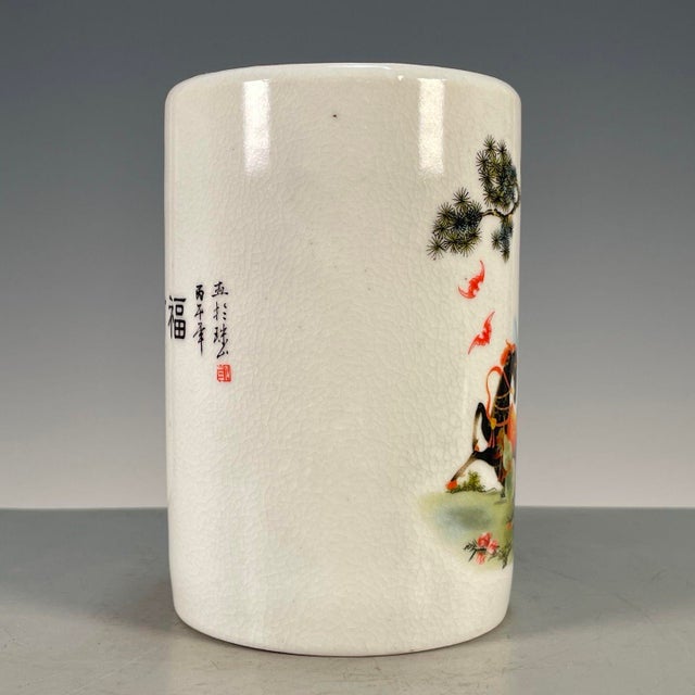 Famille Rose Crackle Glaze Porcelain Brush Pot With Horse Motif For Sale - Image 9 of 9