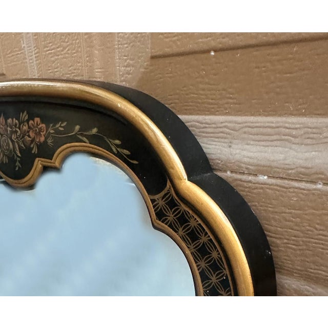 1970s 1970's Drexel Heritage Chinoiserie Black and Gold Hand Painted Wall Mirror For Sale - Image 5 of 14